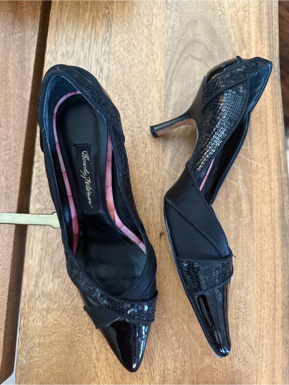Beverly Feldman Black Sequin & Patent Pointed-Toe Pumps